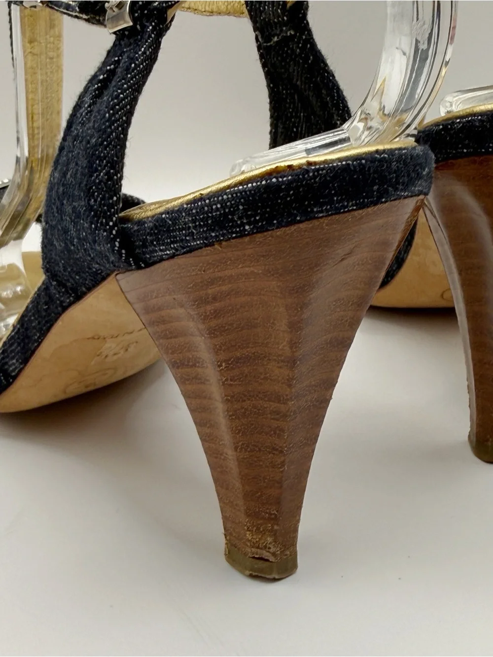 CHANEL Y2K Denim T-Strap  Sandals Heels CC Logo Blue Denim Wood Heel authentic